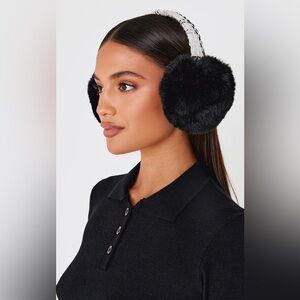 Pretty Little Thing Black Boucle Faux Fur Ear Muffs White Band W/Metallic Silver